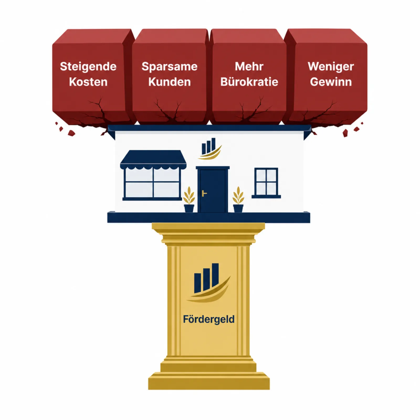 Infografik: Steigende Kosten, sparsame Kunden, mehr Bürokratie und weniger Gewinn lasten auf einem Unternehmen, das auf der Säule Fördergeld steht
