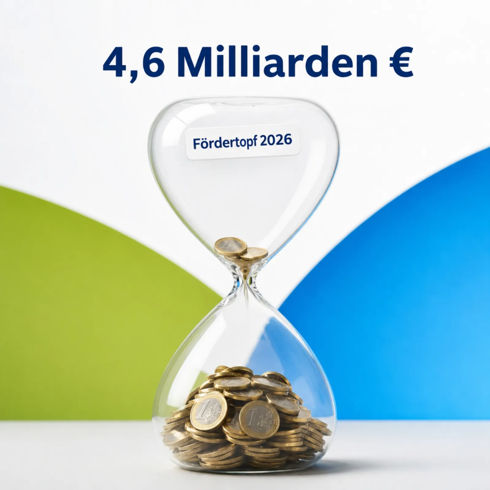 Sanduhr mit Euro-Münzen: Fördertopf 2026, 4,6 Milliarden €