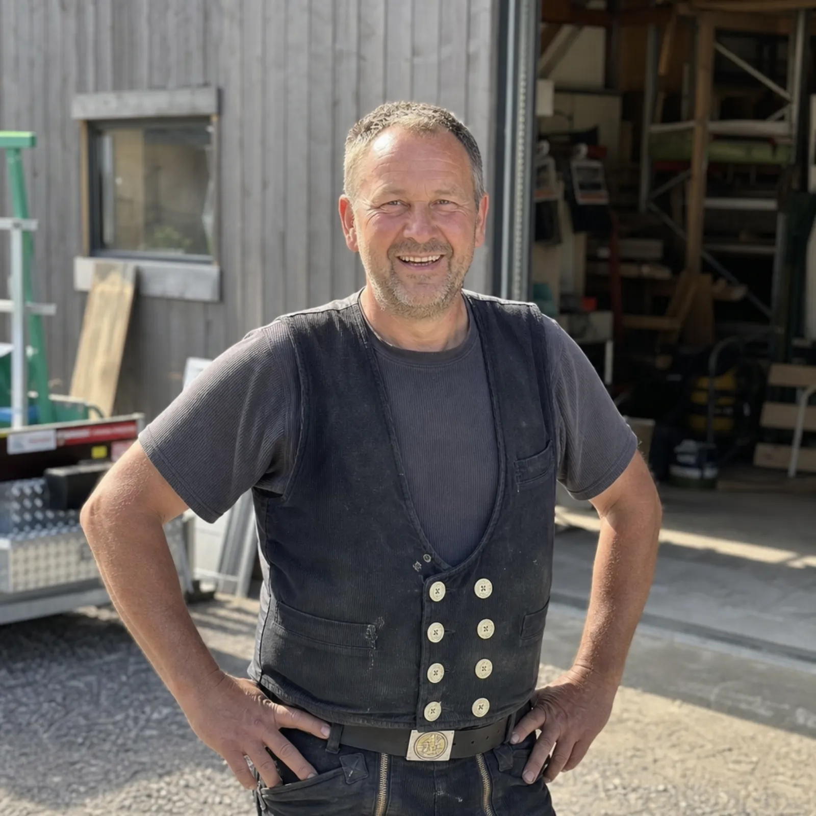 Markus Hoffmann, Dachdeckermeister aus Dortmund, vor seiner Werkstatt